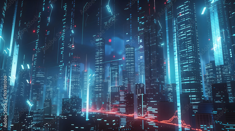 Fototapeta premium Urban Finance: Futuristic Cityscape Illuminated by Glowing Lights