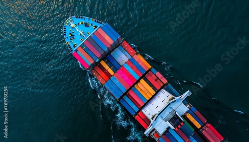 Aerial view of laden cargo vessel at sea, symbolizing global shipping and logistics