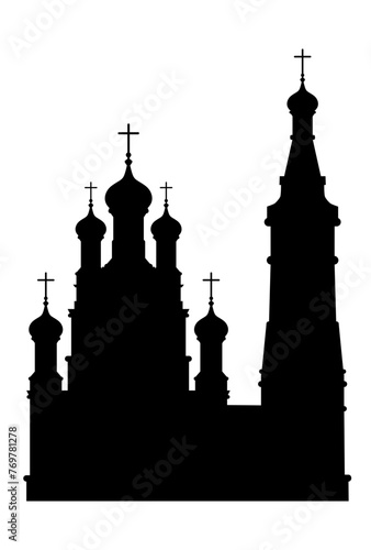The silhouette of a Christian church with a bell tower