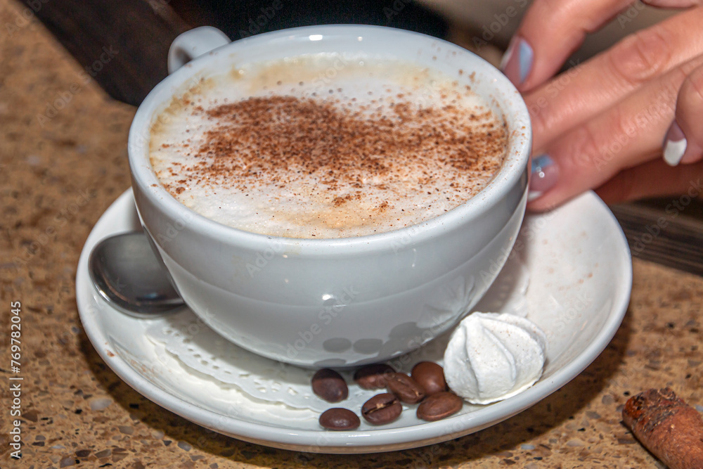 Coffee with foam, cinnamon and marshmallows in a white cup
Coffee with foam, cinnamon and marshmallows in a white cup