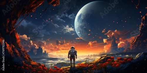 A man in a space suit stands on a rocky hillside in front of a large planet