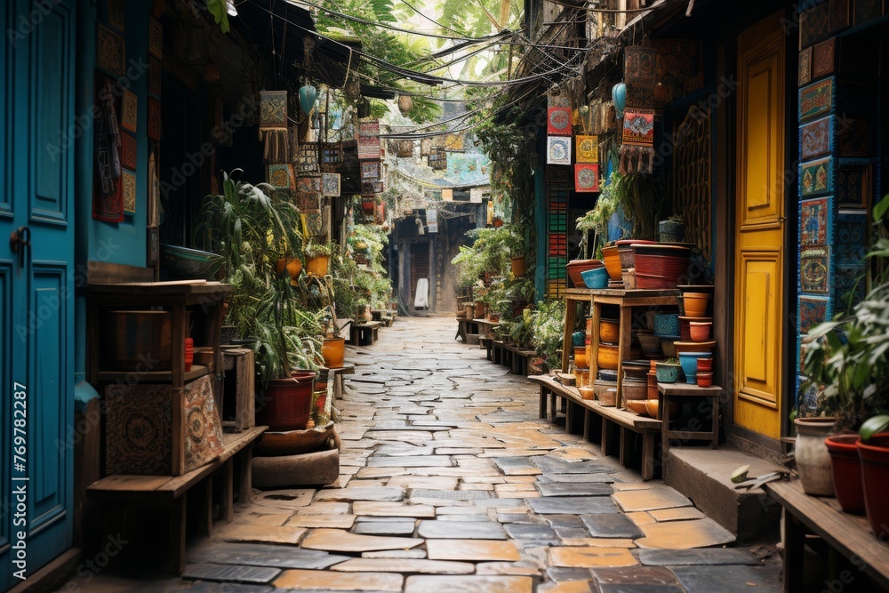 A picture of a narrow alleyway adorned with colorful graffiti. This image captures the vibrant and urban atmosphere of street art