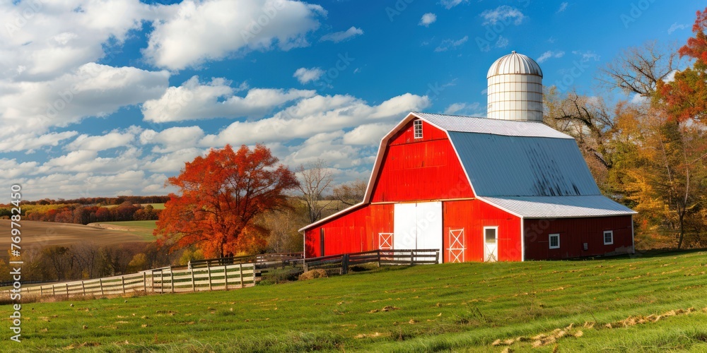 A classic red barn with a white silo, iconic symbols of American agricultural heritage. 