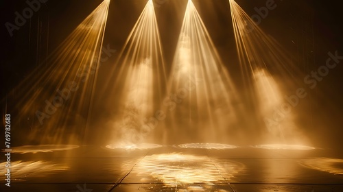 Dramatic Scene with Golden Rays of Light Illuminating Dark Stage in a Mysterious Foggy Atmosphere