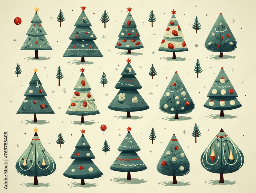 A collection of Christmas trees with red and white decorations