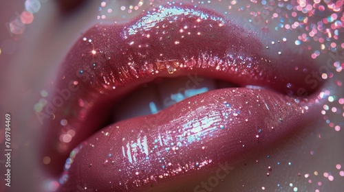 Close-Up of Womans Lips With Glitter