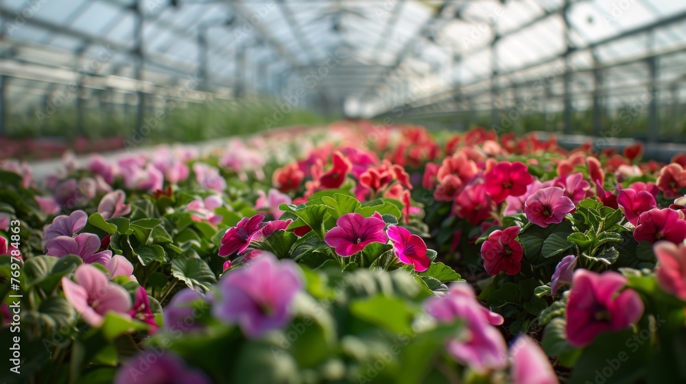 Commercial production of flowers growing in a large greenhouse