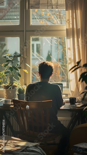 A man sits at a desk with an open laptop and a mug of coffee