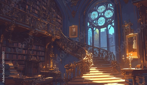 Victorian style staircase in library