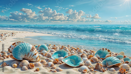 Beautiful seashells on the background of the seascape. AI