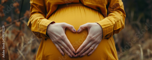 Pregnant woman making heart shape with hands on belly