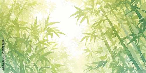 Watercolor bamboo forest background with green leaves and sunlight