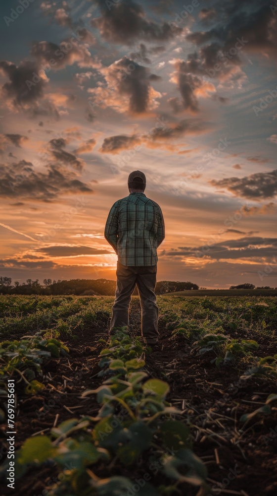 Fototapeta premium Man standing in a field at sunset