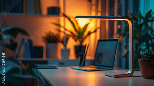 A modern desk lamp illuminating a workspace with plants and a laptop.