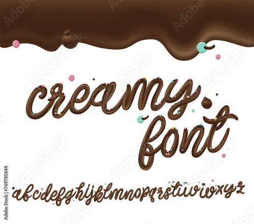 Latin alphabet made of dark melted chocolate with border. Sweet food packaging font. Liquid font style. Vector illustration.	