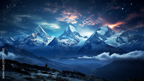 Majestic snow-capped mountains dominate the landscape under a starry twilight sky. A solitary figure is seen in silhouette, adding a sense of scale and solitude to the scene.AI generated.