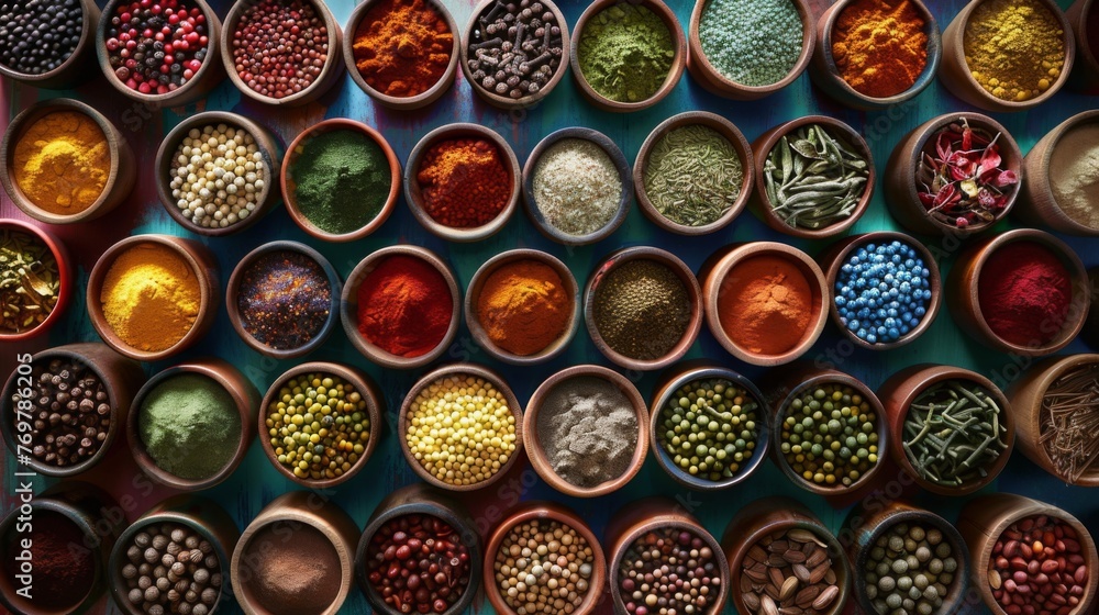 Vibrant spice palette showing a variety of colorful spices arranged in small bowls or jars
