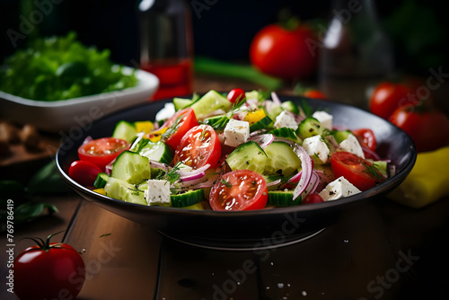 Greek Salad, Fresh and tangy salad with tomato, cucumber, olive, and feta cheese © Niko