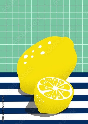 Hand drawn Tropical yellow lemons on table ,illustration of fruit lemon.