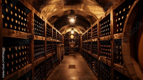 Wine cellar interior  showcasing rows of aged wine bottles elegantly displayed on wooden shelves