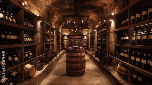 Wine cellar interior, showcasing rows of aged wine bottles elegantly displayed on wooden shelves