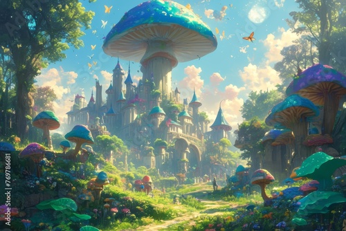 Mushrooms, a fantasy landscape with green grass and trees, a castle in the background © Photo And Art Panda