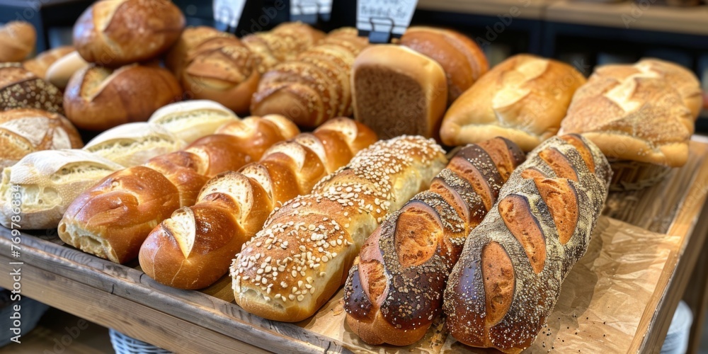 Fresh bread on a bakery counter or store, various types of delicious breads and rolls