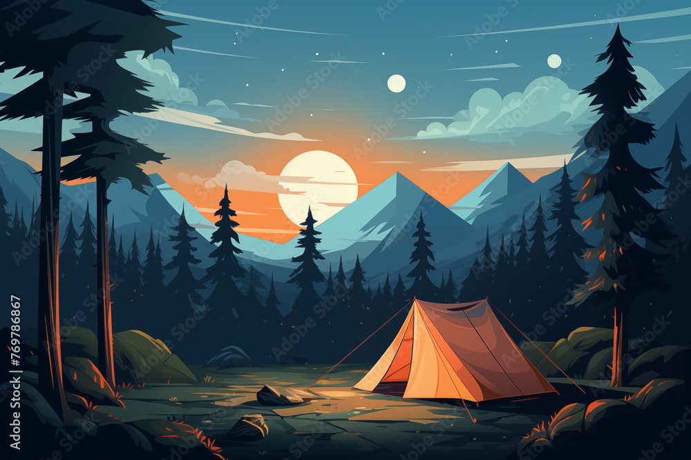 Cartoon camping in woods. Summer night forest with tents and campfire ...