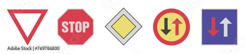 Priority road signs of Europe. Road signs of Europe. Bright road signs.