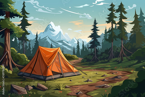 Cartoon camping in forest. Summer nature landscape with tent in wood with pine trees. Outdoor adventure concept