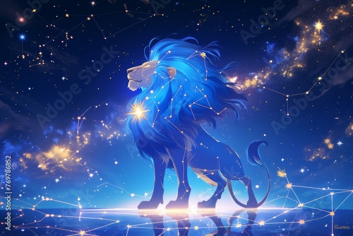 Zodiac sign Leo with stars around it, background is galaxy 