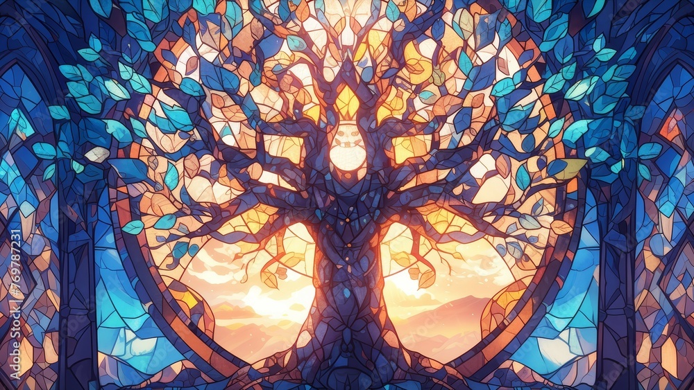 Stained Glass style rainbow colors tree of life pattern, symmetrical composition
