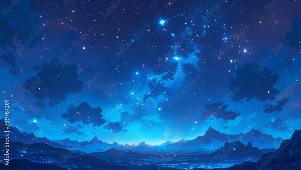 Starry night sky with clouds, fantastical landscape