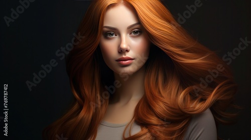 Portrait of beautiful young red-haired girl with long chic shiny hair and natural face makeup