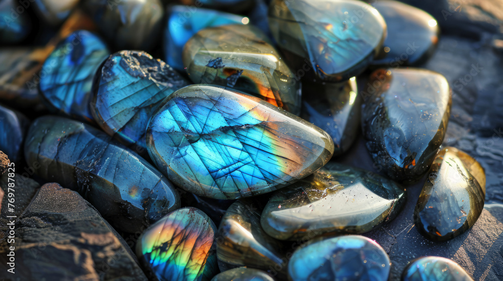 Close-up of labradorite gemstones with iridescent colors reflecting off their polished surface