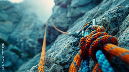 Climber's rope and harness on a towering rock face photo