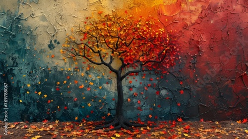Colorful autumn leaves surrounding a stark, bare tree, depicting change