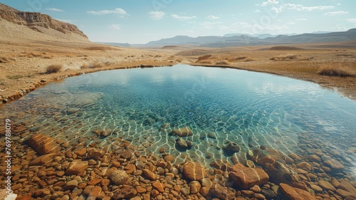 Crystal clear water juxtaposed with a barren desert, depicting scarcity photo