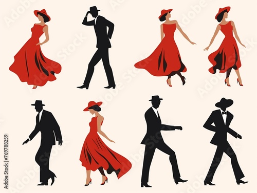 A series of silhouettes of people in red and black outfits
