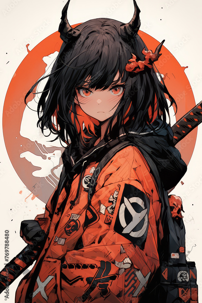 Fototapeta premium AI Generative of anime asian samurai girl.