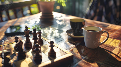 A chessboard with black and white pieces on it, a coffee mug beside the board, sunlight streaming onto a wooden table, blurred background photo