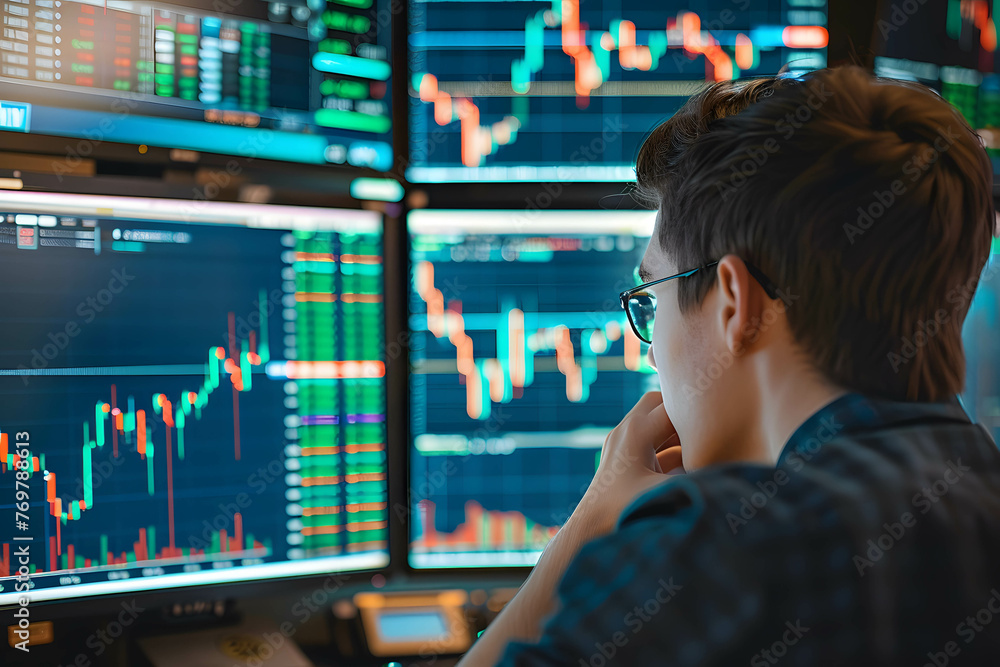 A young stock market trader monitoring stock prices and trading activity on a computer screen, focus on investing or trading A young stock market trader monitoring stock prices and trading activity on a computer screen, focus on investing or trading