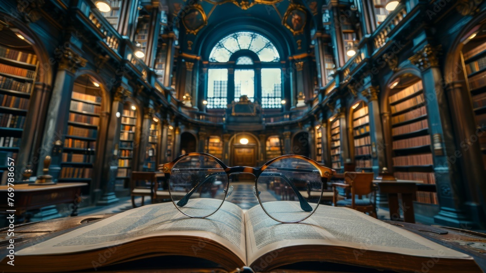 Librarian's glasses and book in a grand, old library - obrazy, fototapety, plakaty 