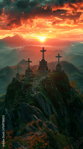 Ancient crosses on a high mountain enveloped by an orangegreen sky serene light elevated viewpoint peaceful , digital photography