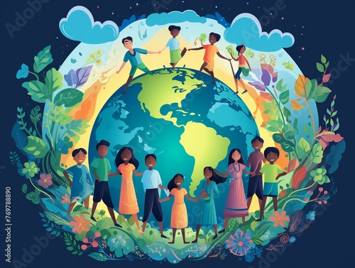 A group of people holding hands around the world