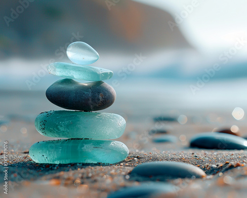 Balanced sea glass cairn serene beach atmosphere zeninspired soft focus tranquil harmony coastal vibes , super realistic photo