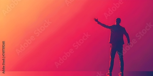 Confident Man Celebrating Persuasive Delivery and Triumph of Successful Speech or Talk with Raised Arms in Dramatic Silhouette Against Vibrant