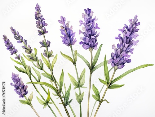 A painting of purple lavender flowers with green leaves
