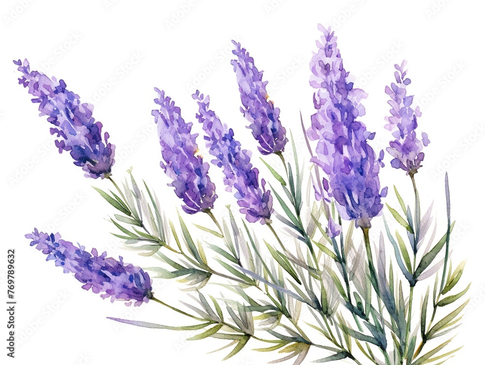 Naklejka premium A watercolor painting of purple flowers with green leaves