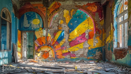 Vibrant mural on a crumbling wall, illustrating art amidst decay